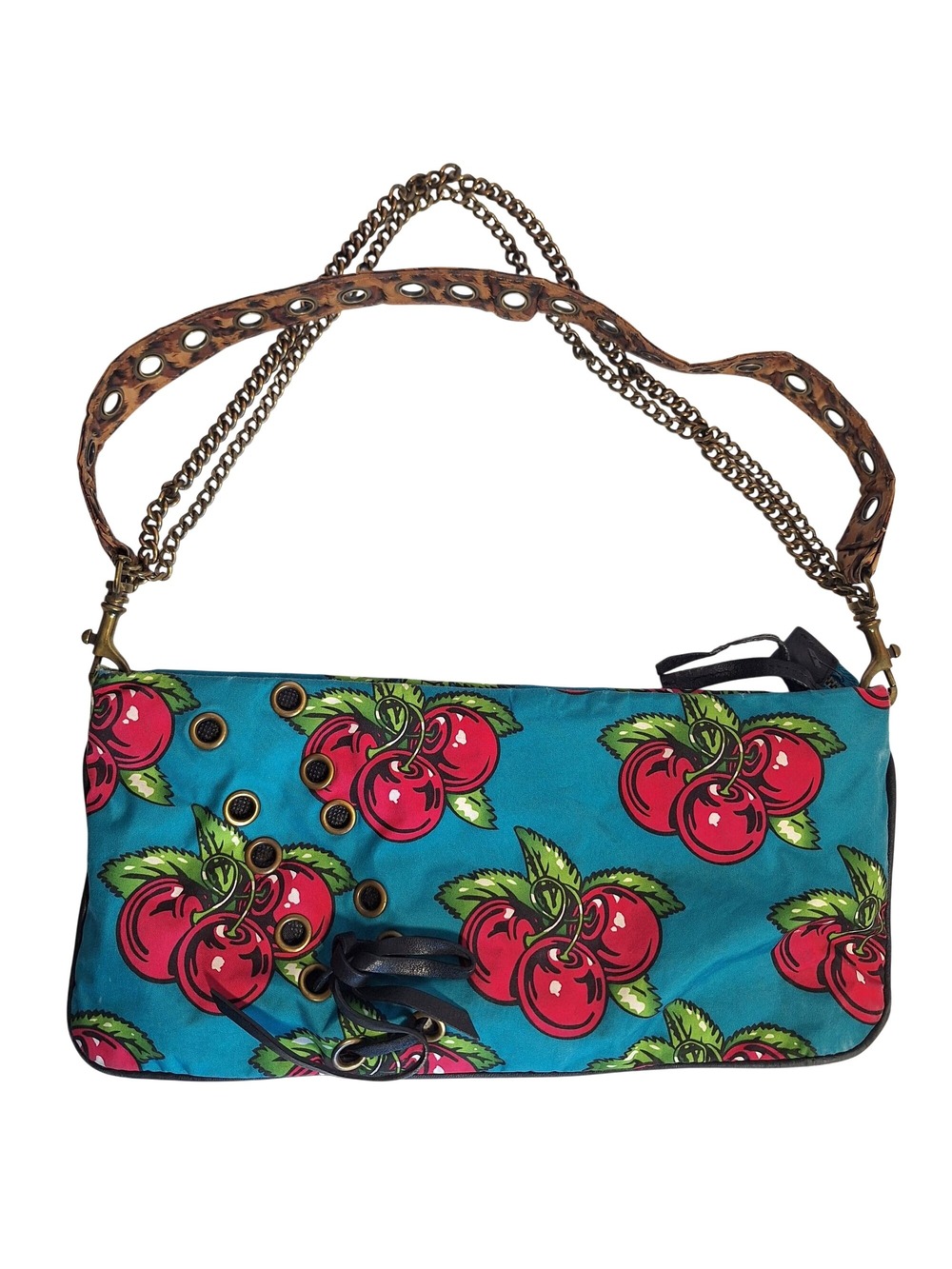 Betseyville Betsey Johnson Cherry HandBag Purse Chain & Leather Strap Turquoise